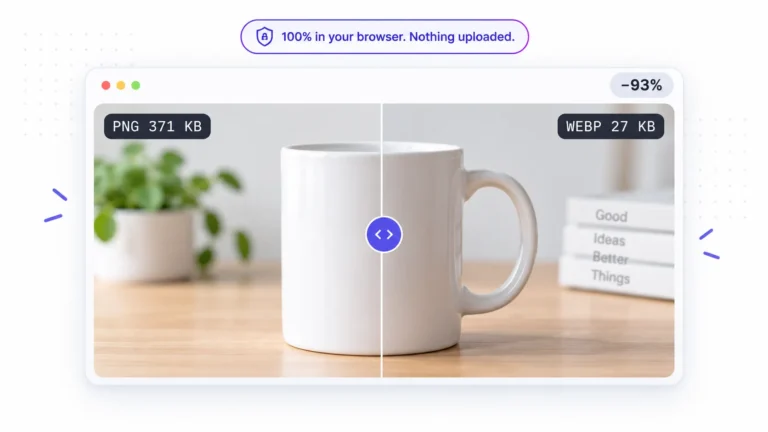 Before-and-after comparison slider showing a 371 KB PNG converted to a 27 KB WEBP entirely in the browser