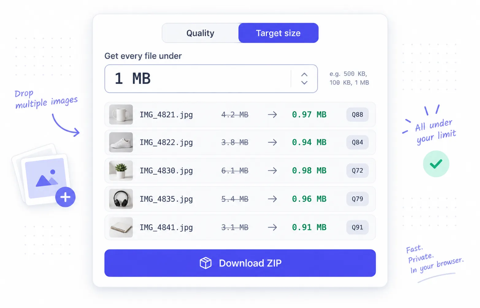 Under1MB compress tool with the target file size field set to 1 MB and a batch of JPG files showing their new sizes below the limit