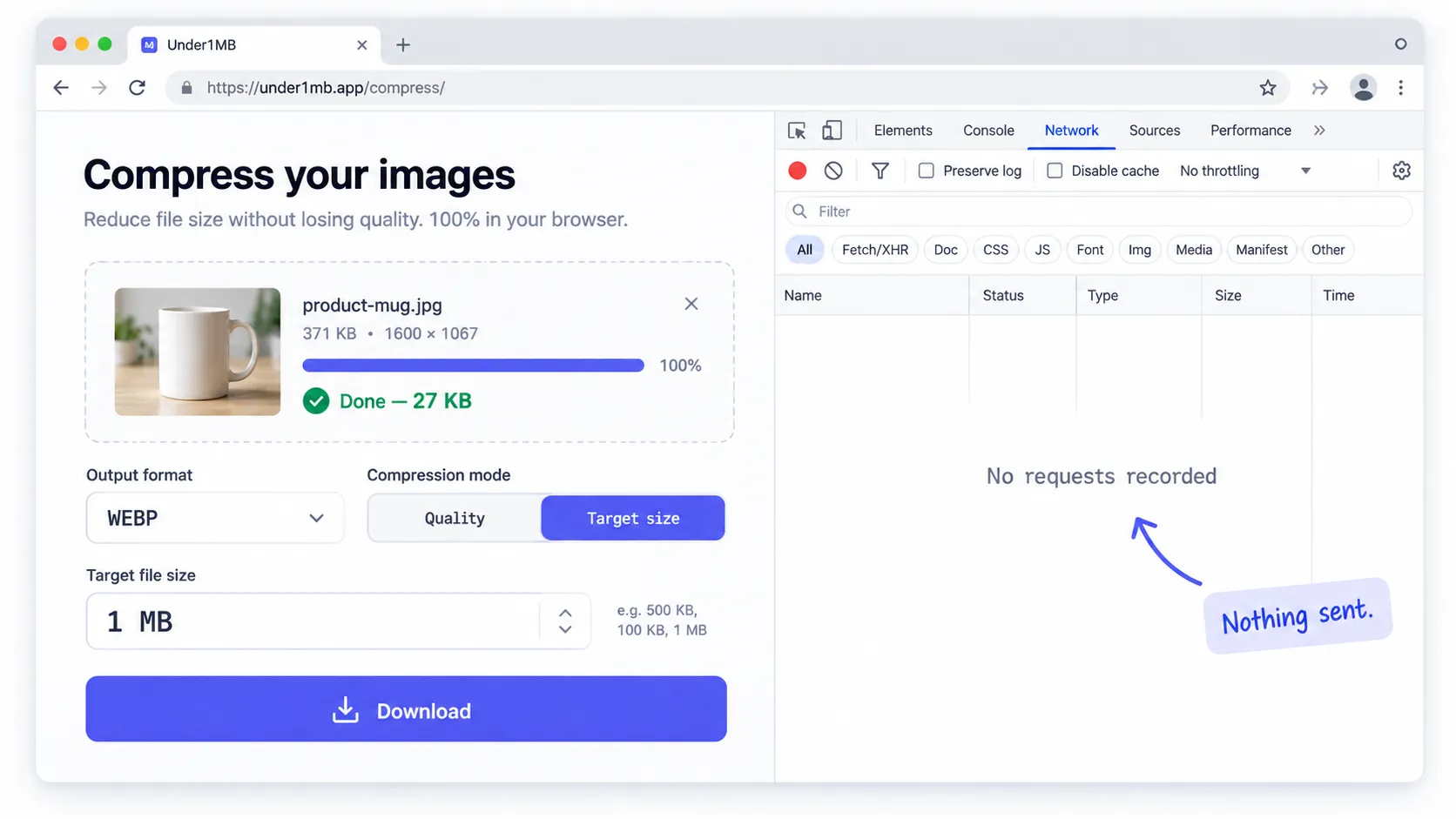 Chrome DevTools Network tab showing an empty request list while an image is being compressed in Under1MB, proving nothing is uploaded