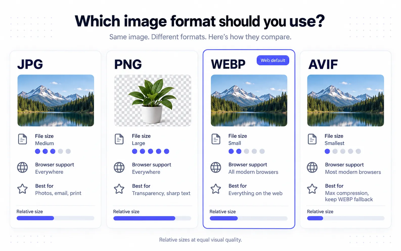 Infographic comparing JPG, PNG, WEBP and AVIF image formats by file size, browser support and best use case